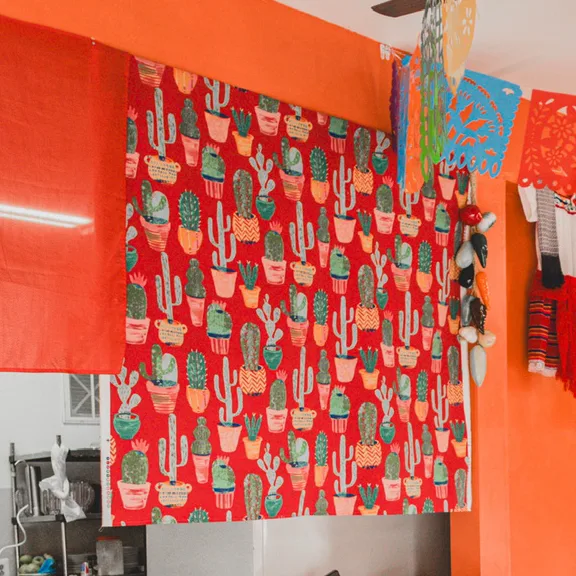 Red fabric printed with potted cacti, hanging on the orange wall