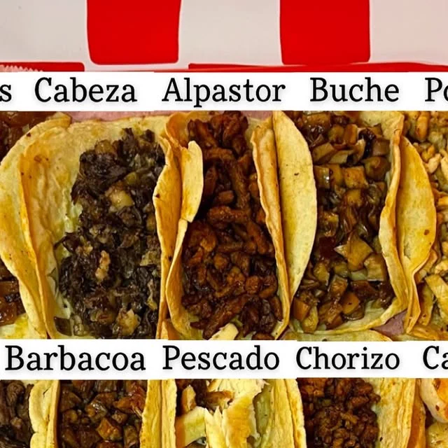 Rows of tacos labelled by meat: cabeza, al pastor, buche, barbacoa, pescado, chorizo