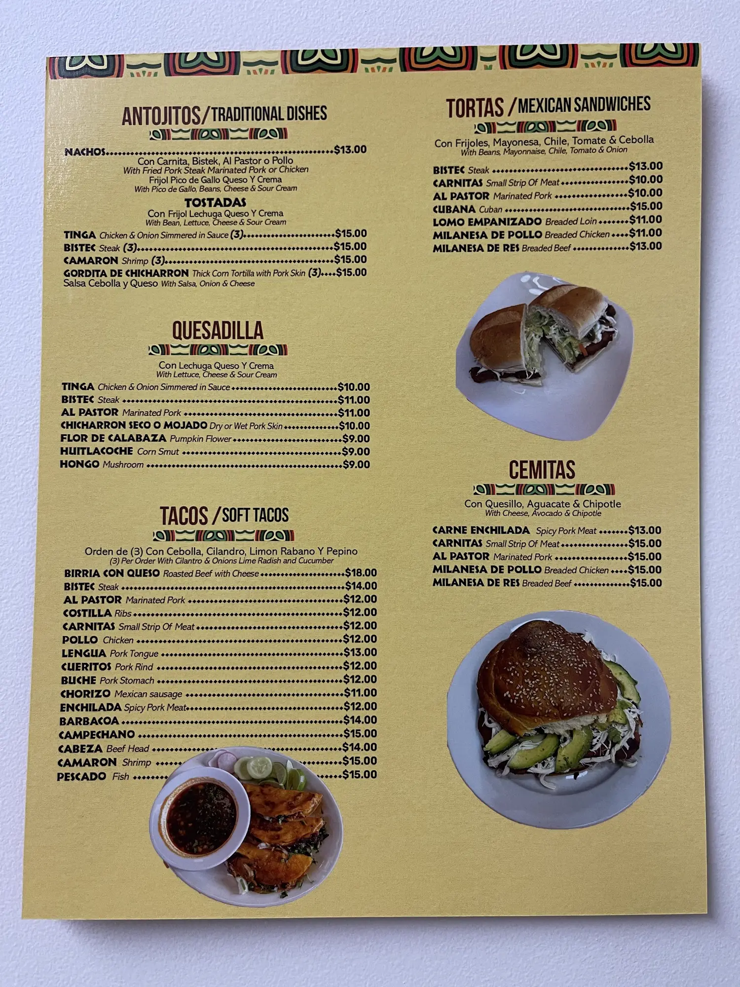 The restaurant's printed menu
